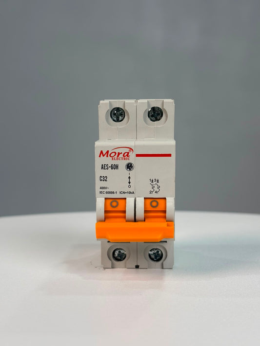 Mora Electric AES-60H C32 Double Pole Miniature Circuit Breaker (MCB) – 32A, 10kA, 400V AC